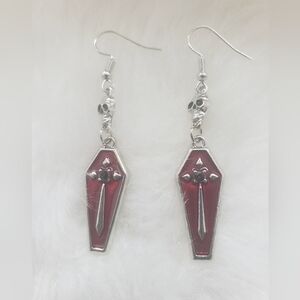 Red Coffin and Skull Drop Earrings – Gothic Enamel Dangle